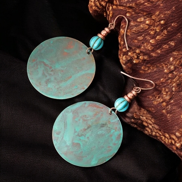🆕️Boho Vintage Patina Disk Dangle Earrings 🌿 Trendy Ethnic Gypsy Statement ✨ - Picture 4 of 12
